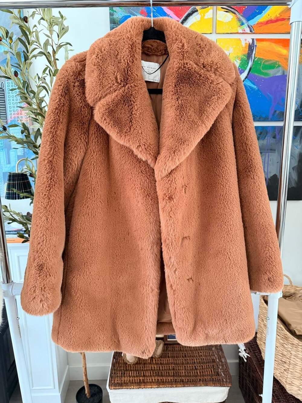 Zara Woman Super Soft Cozy Warm Thick Brown Caramel Faux Fur Coat Jacket Small